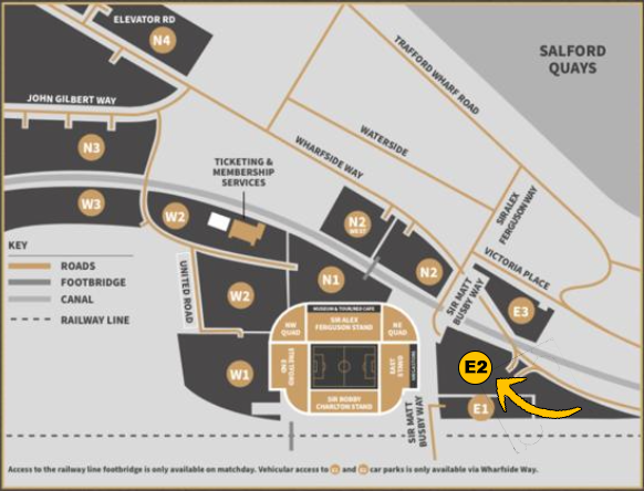 Map showing parking and entry points around Old Trafford